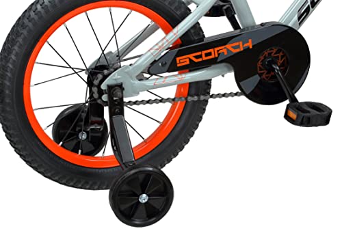 Schwinn Scorch BMX Style Kids Bike, For Boys and Girls Ages 3-7 Years, 16-Inch Wheels, Training Wheels Included, Cross Bar Pad and Number Plate, Rider Height 38 to 48 Inches, Grey