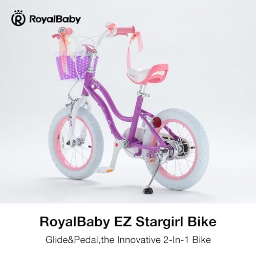 RoyalBaby EZ Stargirl Kids Bike,Easy Learn to Biking,12 Inch Bicycle,Beginners Girls Bicycle for Children Ages 3-4 Years, 12" with Handbrake and Coaster Brake,Purple