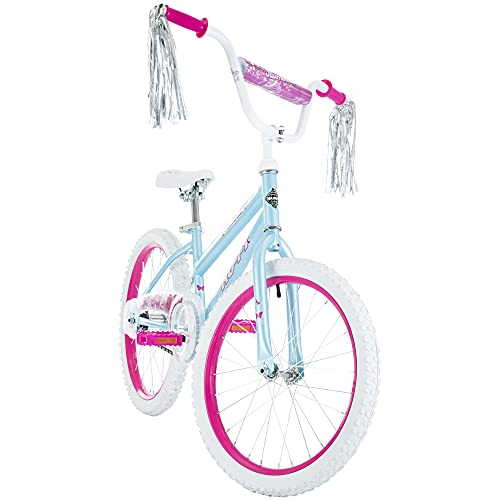 Huffy Illuminate 20” Girl’s Bike, Sky Blue Frame with Butterfly Graphics, Kickstand Included, Streamers and Chain Guard, White Tires and Pink Rims