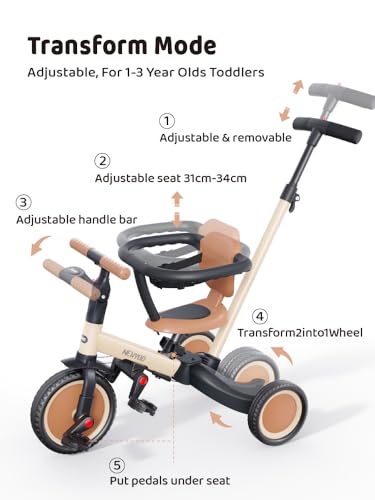 newyoo TR008 5 in 1 Toddler Tricycle with Push Handle for 1-3 Year Old Boys and Girls, Kids Push Trike with Safe Bar, Toddler Bike, Convert to Balance Bike, Birthday Gifts and Toys for Baby, Cream