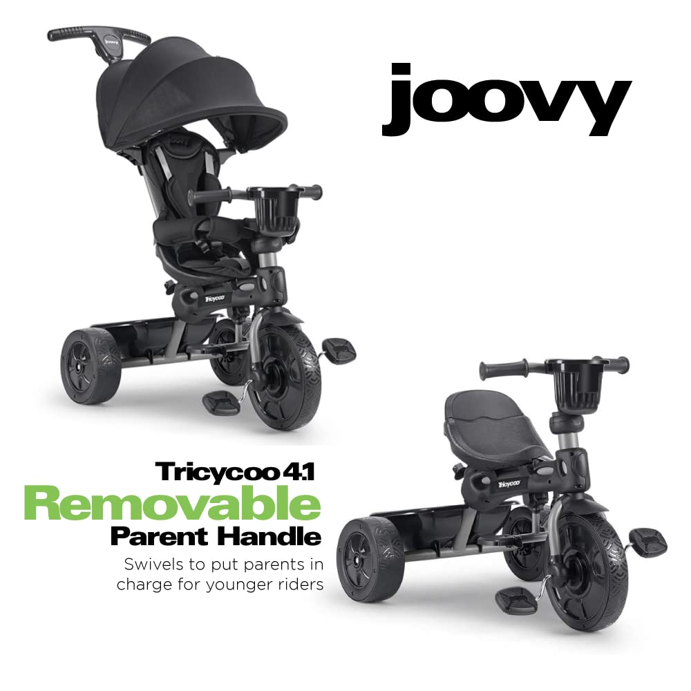 Joovy Tricycoo 4.1 Kids Tricycle with 4-Stages Featuring Extra-Wide Front Tire, Removable and Adjustable Parent Handle, Safety Harness, Machine-Washable Seat Pad, and Retractable Canopy (Black)