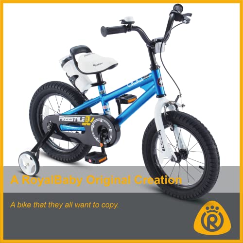 RoyalBaby Freestyle Kids Bike 14 Inch Childrens Bicycle with Training Wheels Toddlers Boys Girls Beginners Ages 3-5 Years, Blue