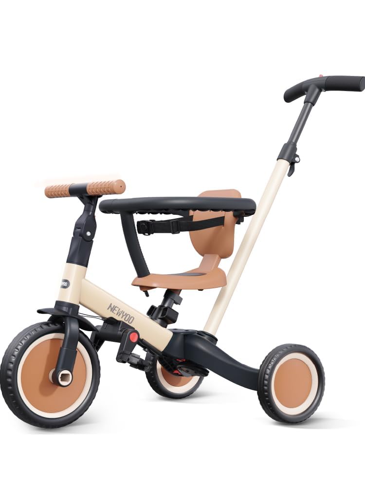 newyoo TR008 5 in 1 Toddler Tricycle with Push Handle for 1-3 Year Old Boys and Girls, Kids Push Trike with Safe Bar, Toddler Bike, Convert to Balance Bike, Birthday Gifts and Toys for Baby, Cream