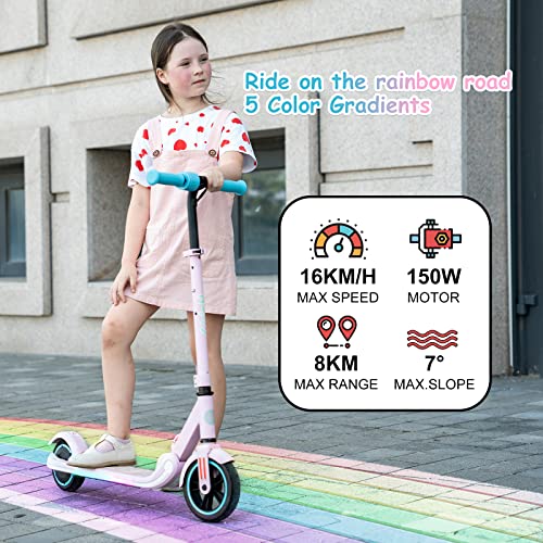 RCB Electric Scooter for Kids, 150W Motor - Max 9.3mph - Bluetooth Speaker - Colorful LED Lights - Foldable - LED Display,Kids E Scooter for Age 6-12