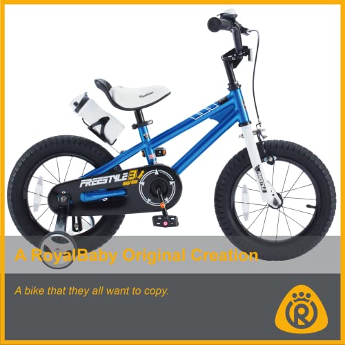 RoyalBaby Freestyle Kids Bike 14 Inch Childrens Bicycle with Training Wheels Toddlers Boys Girls Beginners Ages 3-5 Years, Blue