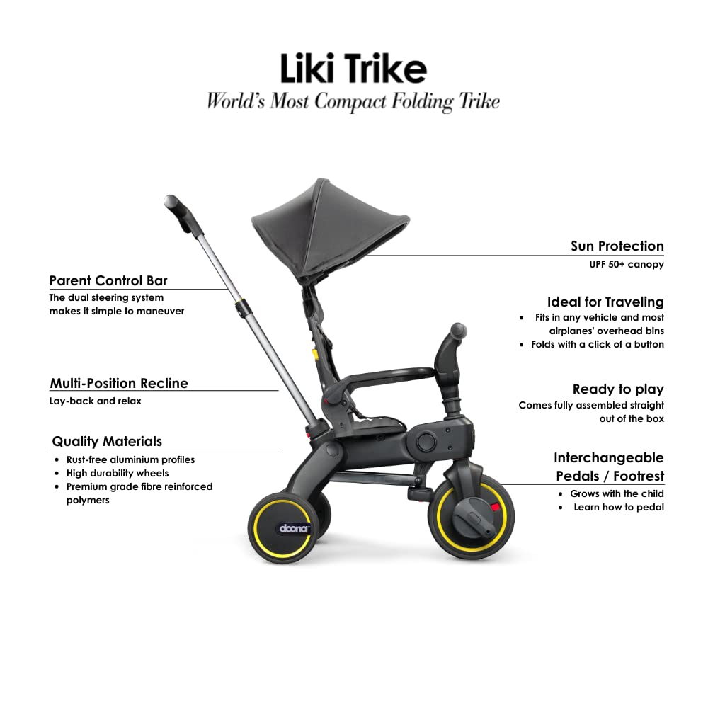 DOONA Liki Baby Trike S1 - Premium Foldable Toddler Tricycle with parent handle for ages 10 Months to 3 Years - Grey