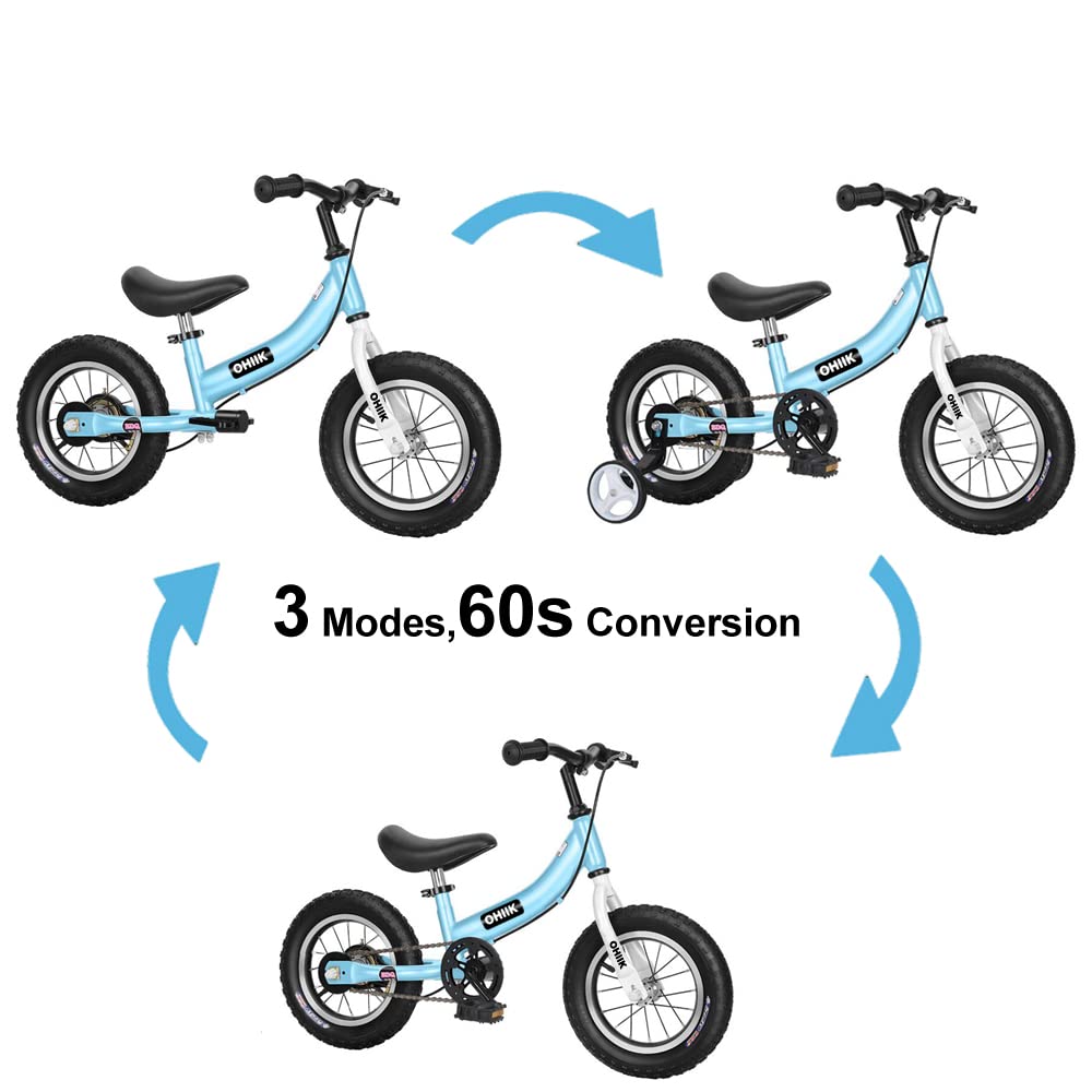 OHIIK Balance Bike 2 in 1 for Kids 2 3 4 5 6 7 Years Old,Balance to Pedals Bike,12 14 16 inch Kids Bike,with Pedal kit,Training Wheels,Brakes (12 inch, Blue)