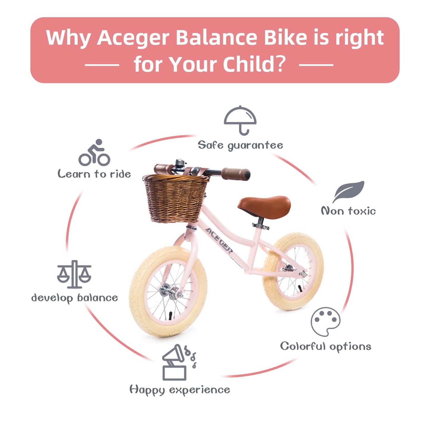 ACEGER 12" Kids Balance Bike with Basket, No Pedal Toddler Bicycle for Early Learning Leg Strength and Steady Balancing, Durable Frame&Tool-Free Adjustable Seat, Gift Bike for 2-5 Kids