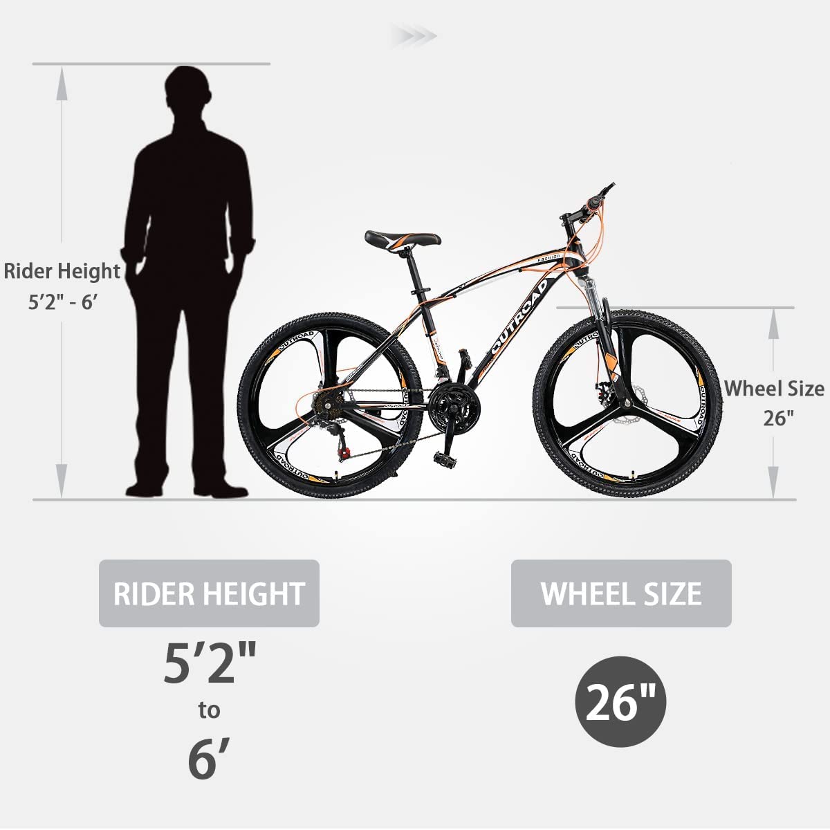 Max4out 26/27.5 inch Mountain Bike, Aluminum/Carbon Steel Frame, 21-Speed Dual Disc Brake Bike with Lock-Out Suspension Fork, Nomal/3 Spokes Wheels Bicycles for Men and Women(Black Orange)