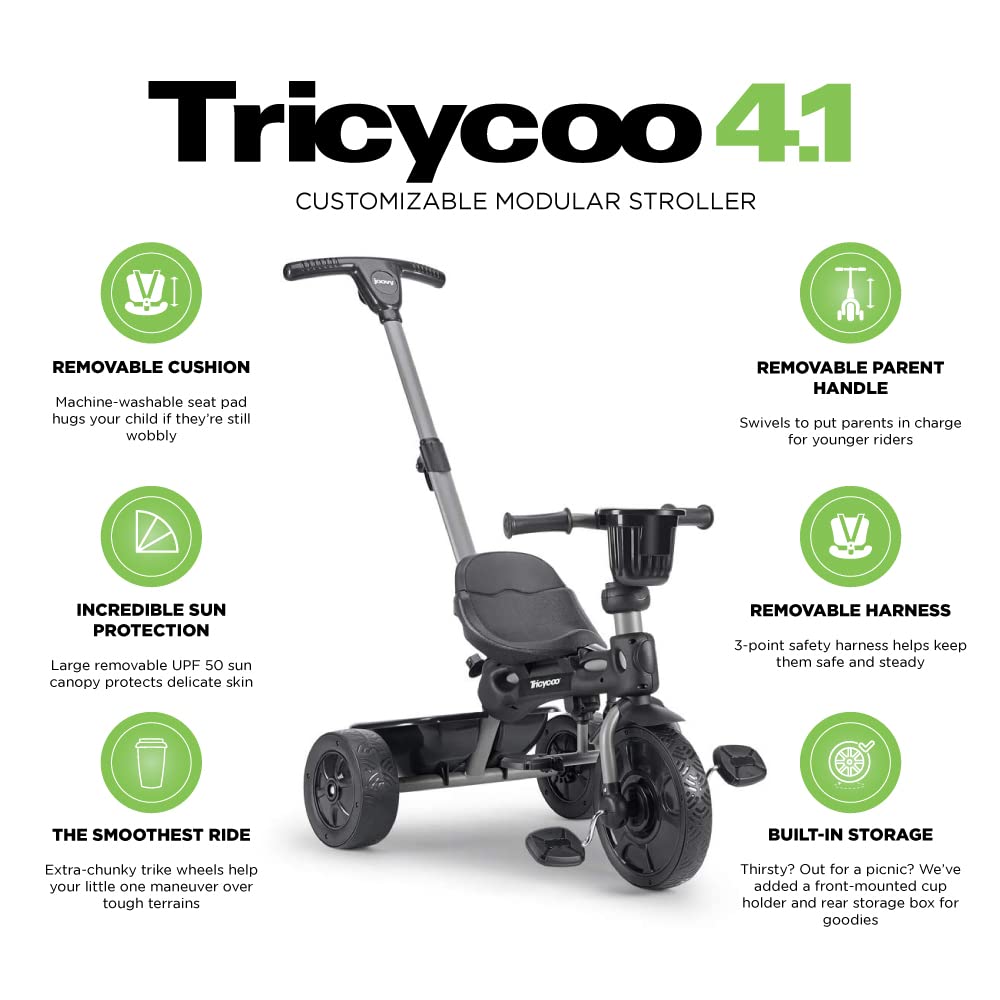 Joovy Tricycoo 4.1 Kids Tricycle with 4-Stages Featuring Extra-Wide Front Tire, Removable and Adjustable Parent Handle, Safety Harness, Machine-Washable Seat Pad, and Retractable Canopy (Black)