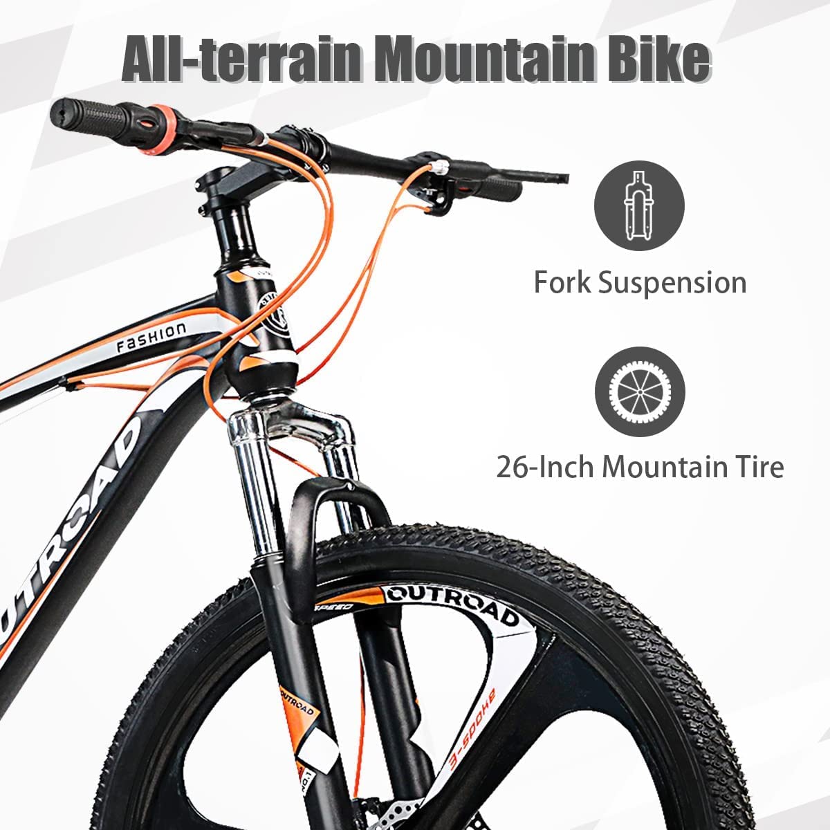 Max4out 26/27.5 inch Mountain Bike, Aluminum/Carbon Steel Frame, 21-Speed Dual Disc Brake Bike with Lock-Out Suspension Fork, Nomal/3 Spokes Wheels Bicycles for Men and Women(Black Orange)