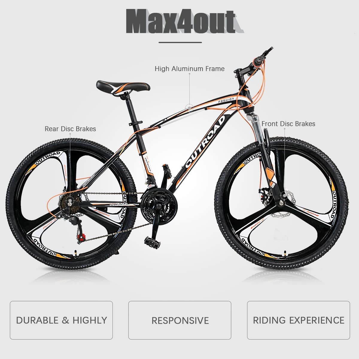 Max4out 26/27.5 inch Mountain Bike, Aluminum/Carbon Steel Frame, 21-Speed Dual Disc Brake Bike with Lock-Out Suspension Fork, Nomal/3 Spokes Wheels Bicycles for Men and Women(Black Orange)