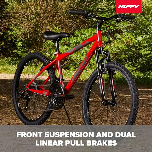 Huffy Stone Mountain Mens 24 Inch Mountain Bike, Red Gloss Frame, 21-Speed Shimano Twist Shifting, Front Suspension, Comfort Saddle | 20"/24"/26" Sizes, 6-21 Speeds, Dual Suspension Available