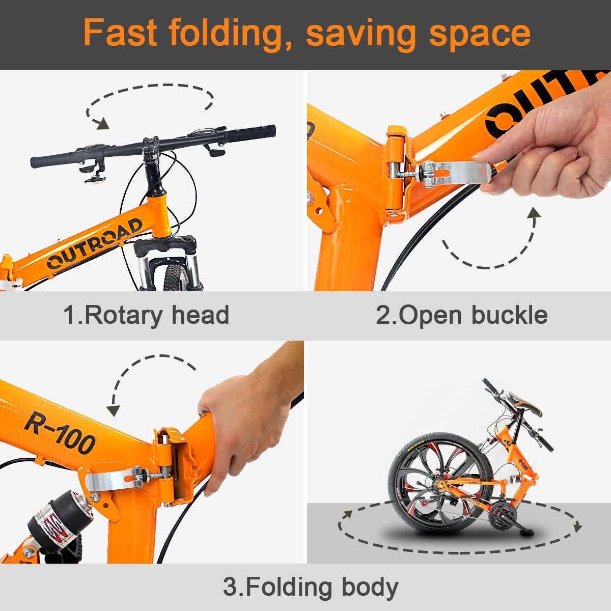 Outroad Folding Mountain Bike Foldable/Unfoldable Bike 26 Inch for Adult, 21-Speed Dual Suspension High-Carbon Steel MTB Foldable Bicycle, Dual Disc Brake Folding Bikes for Men Women