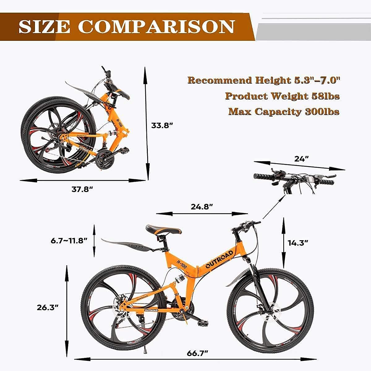 Outroad Folding Mountain Bike Foldable/Unfoldable Bike 26 Inch for Adult, 21-Speed Dual Suspension High-Carbon Steel MTB Foldable Bicycle, Dual Disc Brake Folding Bikes for Men Women