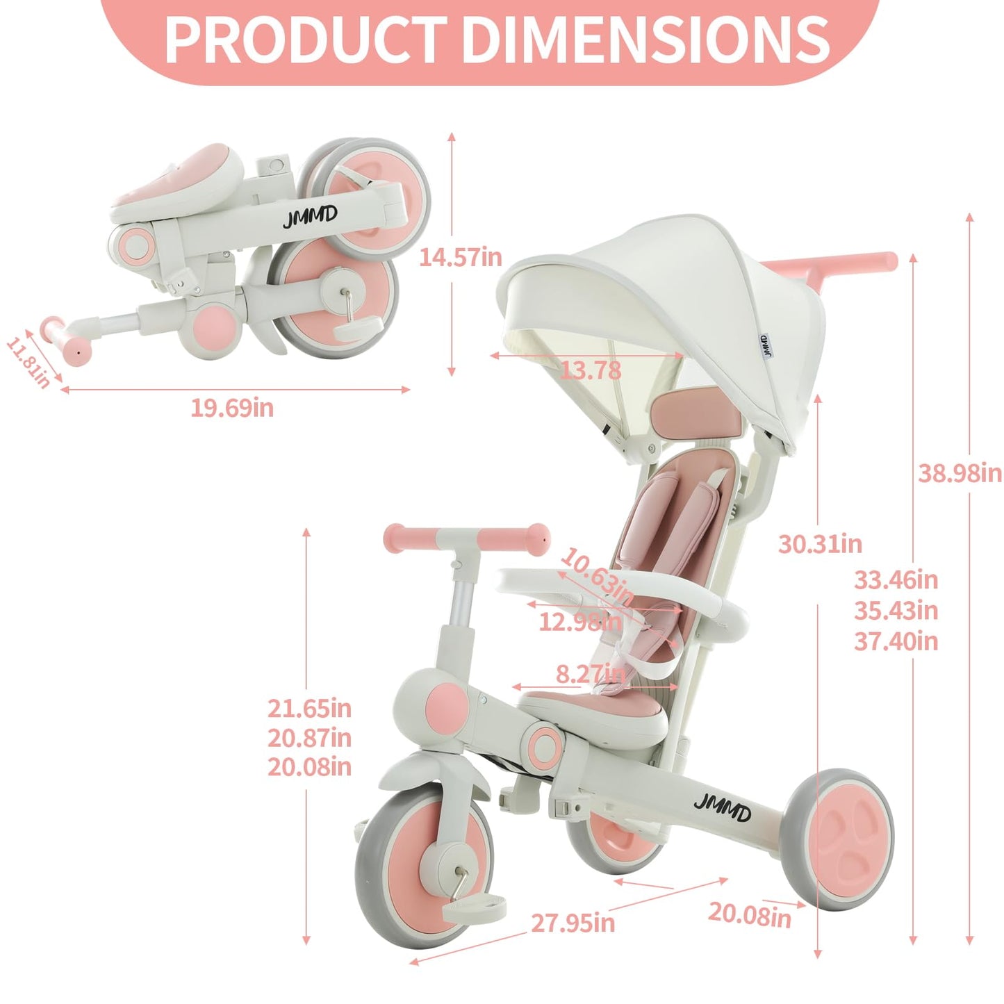 JMMD Baby Tricycle, 7-in-1 Multifunctional Kids Trike with Adjustable Parent Handle, Safety Harness & Wheel Brakes, Removable Canopy, Stroll Trike for Boys & Girls Ages 18 Months-5 Years, Pink