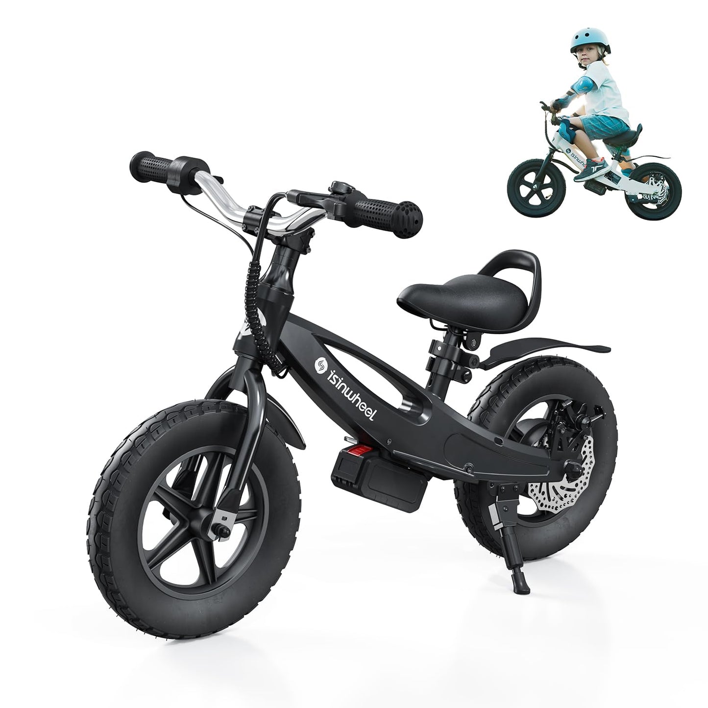 isinwheel SK12 2-in-1 Electric Bike for Kids Ages 3-5, 150W Electric Balance Bike with Swappable Battery, 12-inch Inflatable Tire and Adjustable Seat, Electric Motorcycle for Kids Boys & Girls