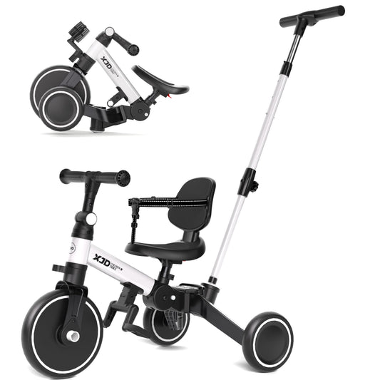 XJD Toddler Bike, 6 in 1 Folding Toddler Tricycle for 1-4 Year Old with Push Handle, Balance Bike with Removable Pedal,Backrest, Adjustable Seat Height and Handle, First Birthday Gifts (White)