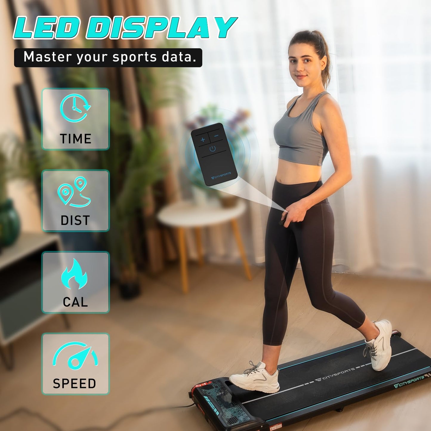 CITYSPORTS Treadmills for home,Under Desk Treadmill Ultra Slim Walking Pad with Remote,LED Display and Bluetooth Speaker,Compact Motorised Treadmill,No Assembly (GREEN)