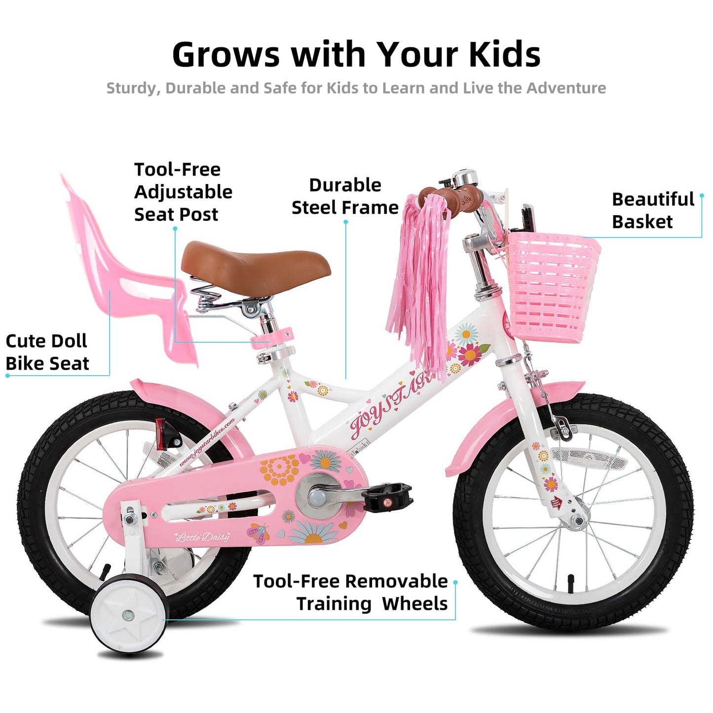 JOYSTAR Kids Bike Little Daisy 14 Inch Girls Bike with Training Wheels Doll Bike Seat Basket & Streamers Princess Kids Bicycle for Girls Toddler of 3-5 Years Toddler Girl Bikes White