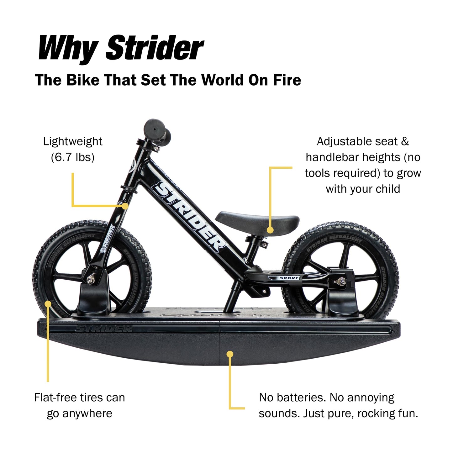 Strider 12” Sport Bike (Black) + Rocking Base - Helps Teach Baby How to Ride a Balance Bicycle - for Kids 6 Months to 4 Years - Easy Assembly & Adjustments