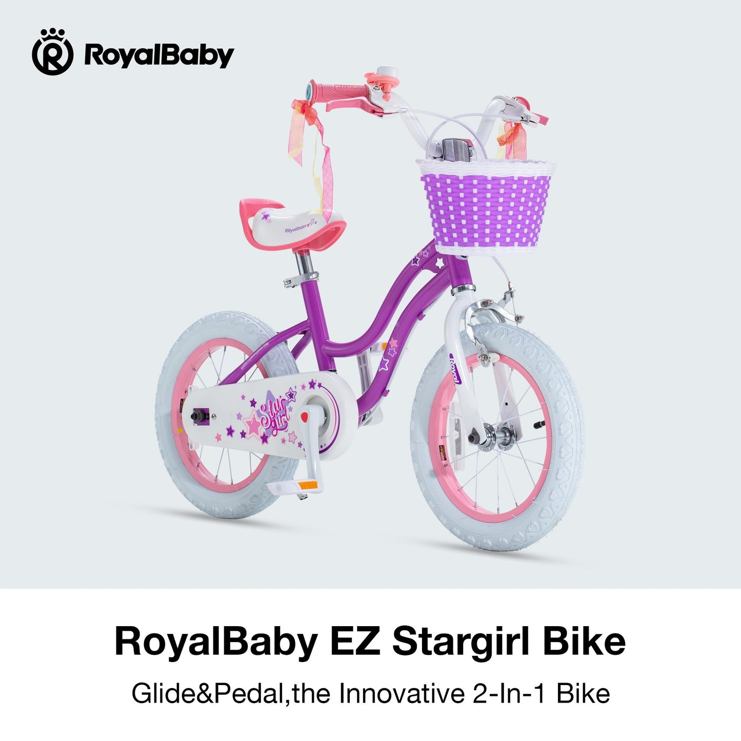 RoyalBaby EZ Stargirl Kids Bike,Easy Learn to Biking,12 Inch Bicycle,Beginners Girls Bicycle for Children Ages 3-4 Years, 12" with Handbrake and Coaster Brake,Purple