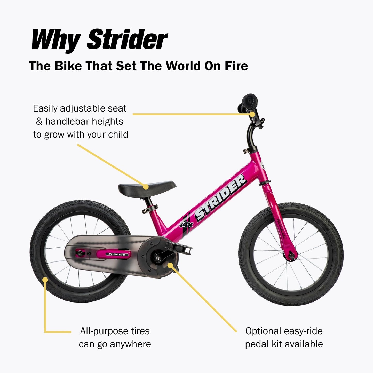 Strider 14x, Pink - Balance Bike for Kids 3 to 6 Years - Includes Custom Grips, Padded Seat, Performance Footrest & All-Purpose Tires