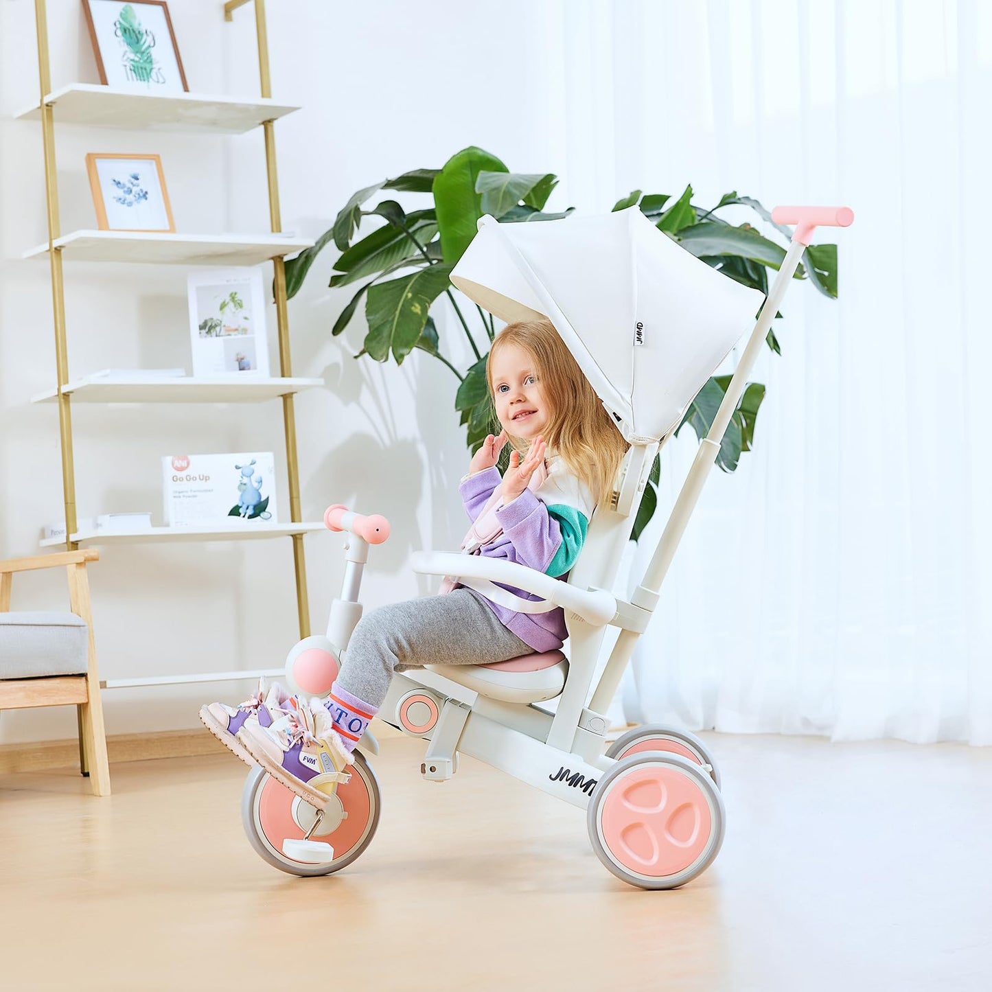 JMMD Baby Tricycle, 7-in-1 Multifunctional Kids Trike with Adjustable Parent Handle, Safety Harness & Wheel Brakes, Removable Canopy, Stroll Trike for Boys & Girls Ages 18 Months-5 Years, Pink