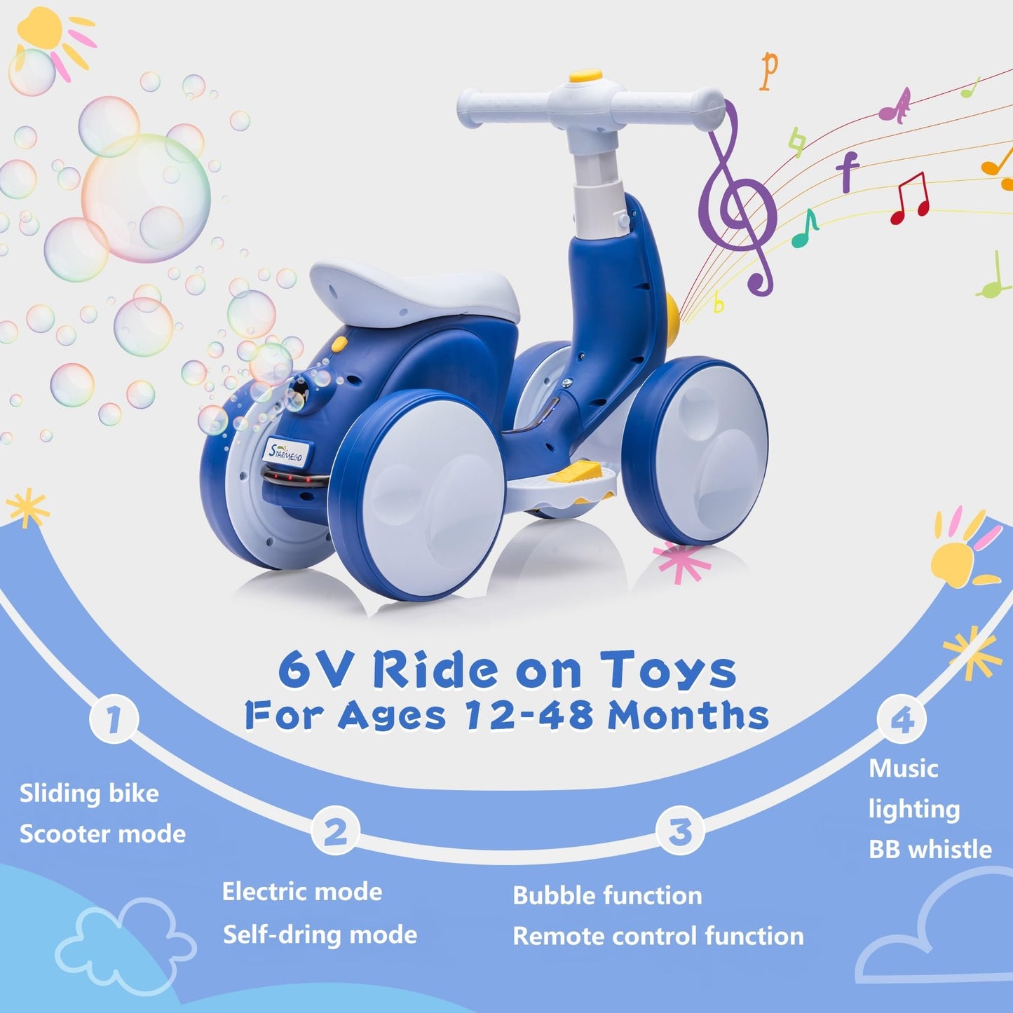 JoyRydz 6V Electric Baby Balance Bike with Bubble Machine,4 in 1 Toddler Balance Bike w/Remote Control for 1 Year Old Boys Girls Kids Bubble Bike Ride on Toys w/Powered Motor,Music,LED Lights (Blue)