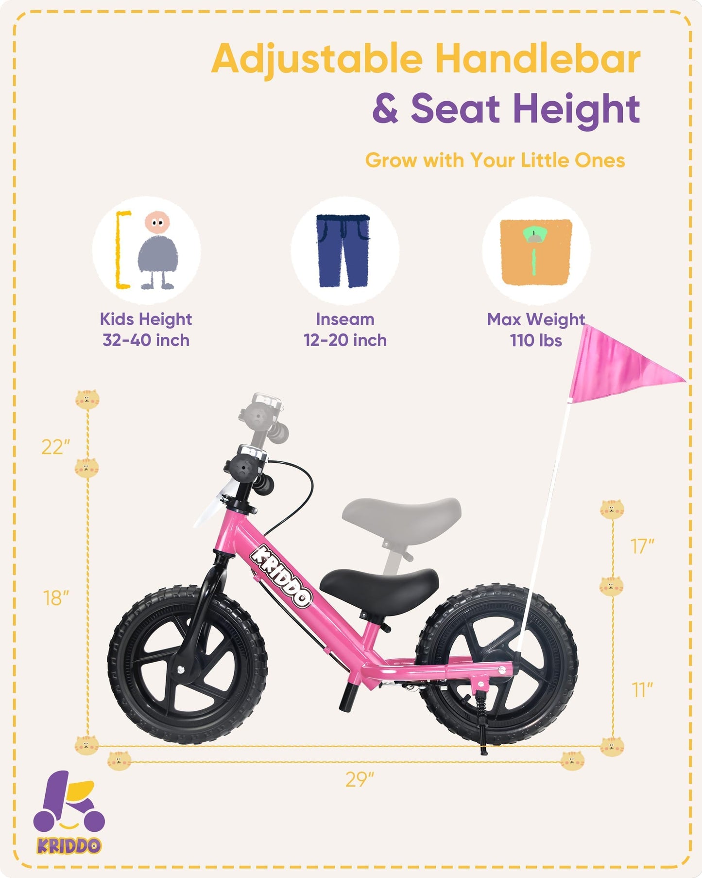 KRIDDO Pro Toddler Balance Bike for 2+ Year Old, 12 Inch Push Bicycle w Hand Brake & Kickstand, Gift Bike for 2-5 Boys Girls, Pink