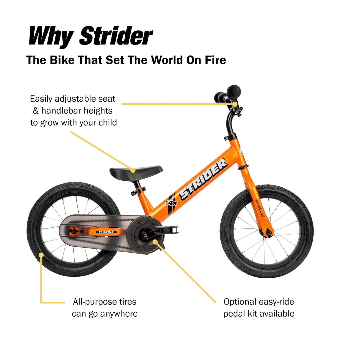 Strider 14x, Totally Tangerine - Balance Bike for Kids 3 to 6 Years - Includes Kid-Size Grips, Padded Seat, Performance Footrest & All-Purpose Tires - Easy Assembly & Adjustments