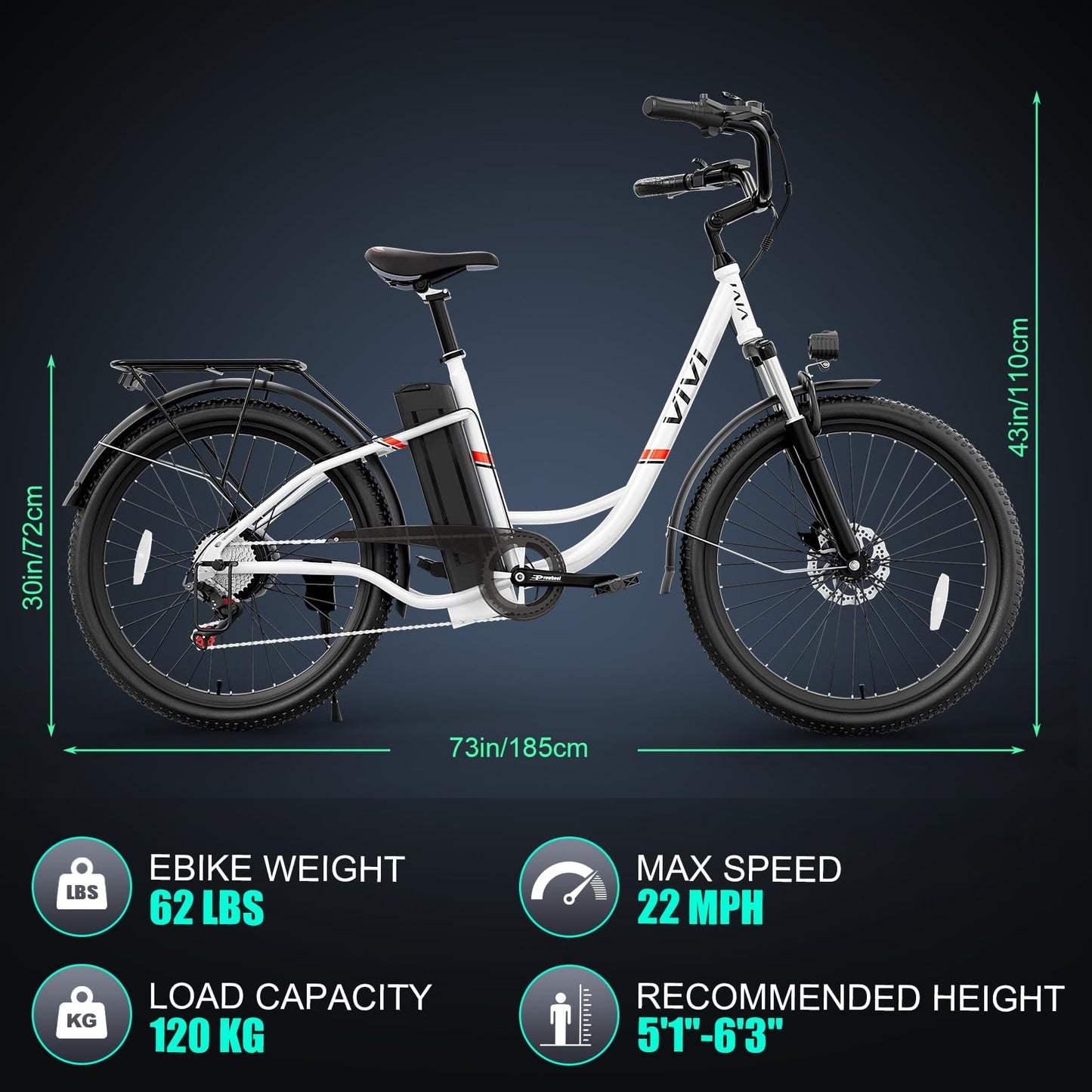 Vivi Electric Bike, 26" Electric Cruiser Bike 1000W Peak Ebike 22MPH Electric Bike for Adults, 48V Removable Battery, Cruise Control, 7 Speed Electric City Commuter Bicycle, UL 2849 Certified