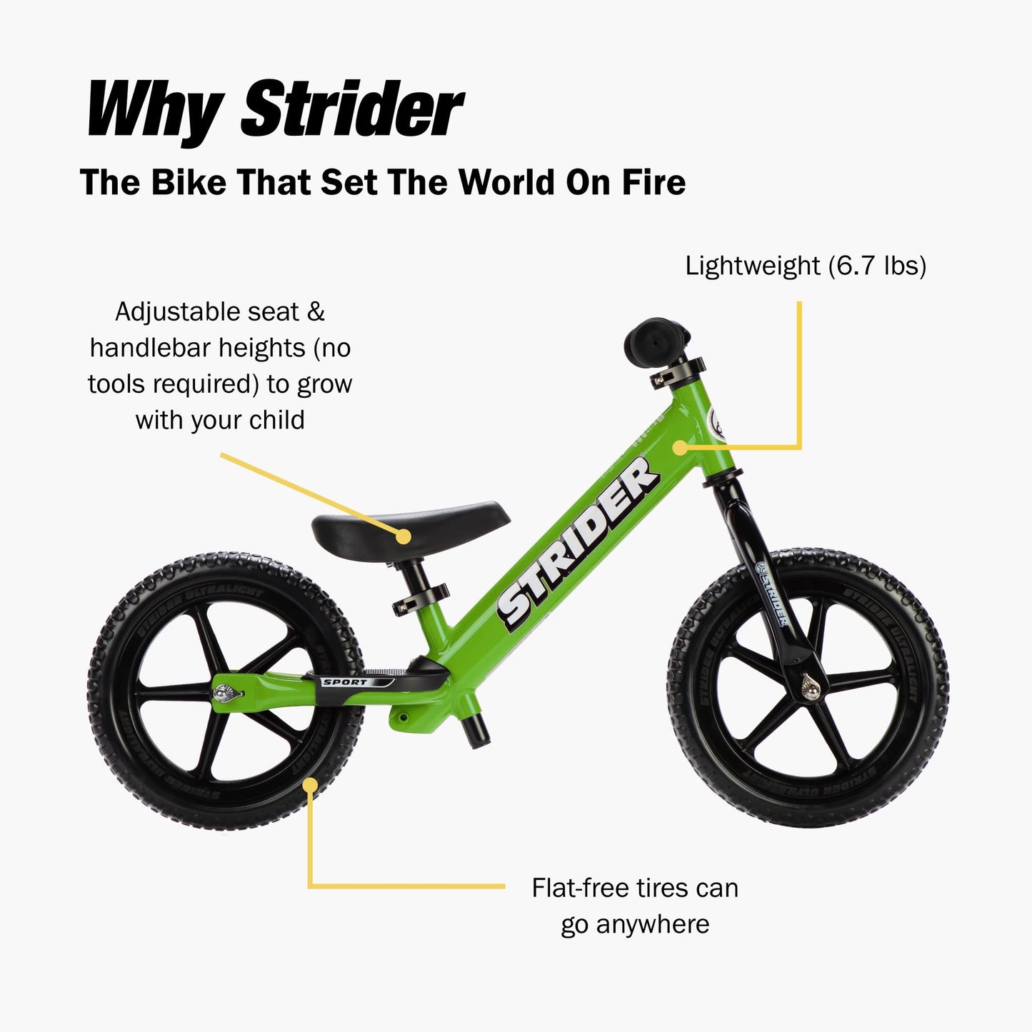 Strider 12” Sport Bike, Green - No Pedal Balance Bicycle for Kids 1 to 4 Years - Includes Safety Pad, Padded Seat, Mini Grips & Flat-Free Tires - Tool-Free Assembly & Adjustments