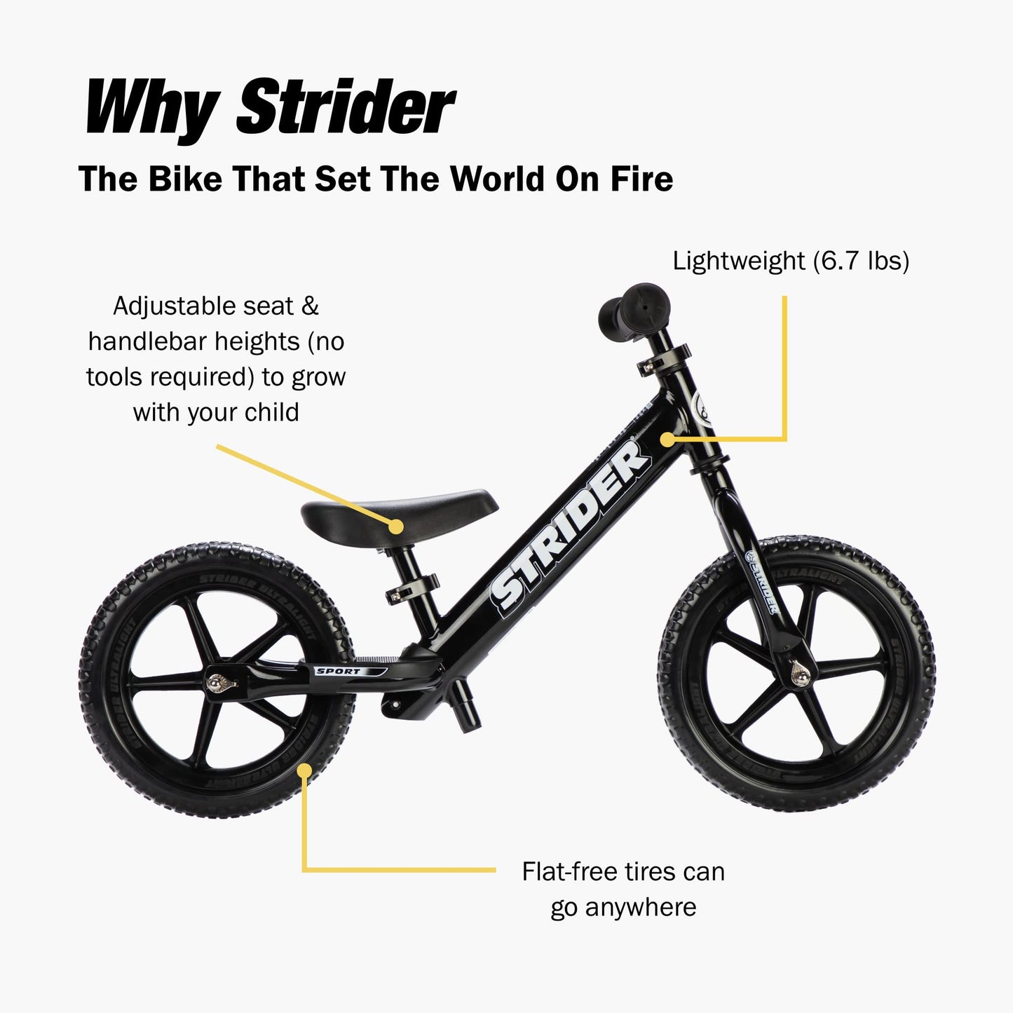 Strider 12” Sport Bike, Black - No Pedal Balance Bicycle for Kids 1 to 4 Years - Includes Safety Pad, Padded Seat, Mini Grips & Flat-Free Tires - Tool-Free Assembly & Adjustments