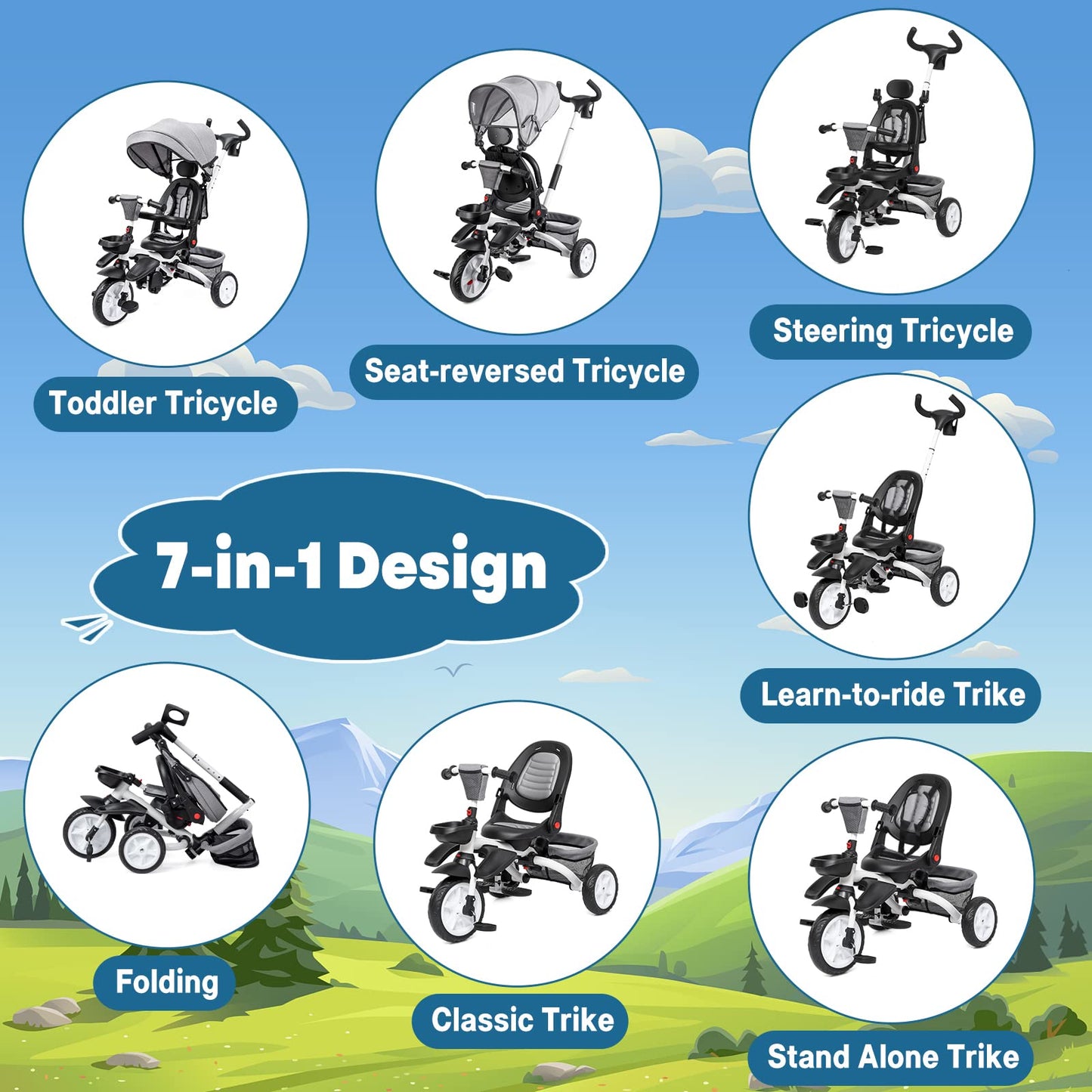 Babevy Baby Tricycle, 7 in 1 Folding Toddler tricycle w/Removable Adjustable Push Handle, Canopy, Rotatable Seat, Safety Harness, Cup Holder & Storage, Trike for 1-5 Year Old (Gray)