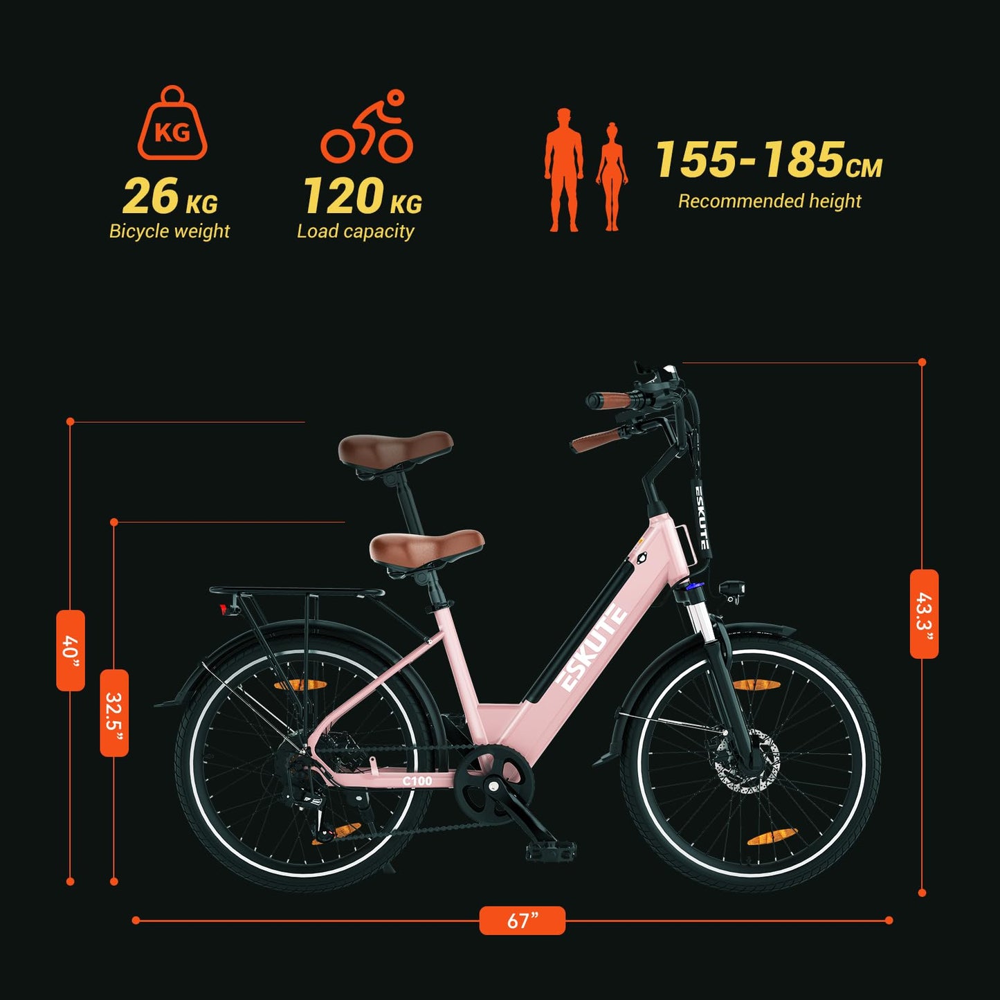 ESKUTE Electric Bike 500W Peak 375WH Removable Battery Commuter Ebike, 26 inch 20MPH 7 Speed Electric Ebikes for Adults