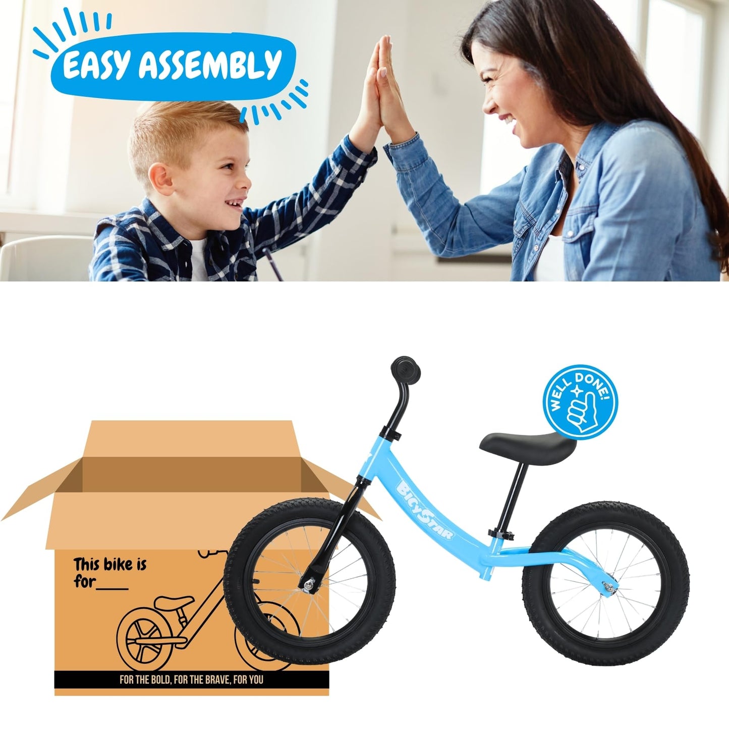 bicystar 14 Inch Balance Bike for Kids 3-7 Year Old, Kids Bike with No Pedals, Air Rubber Tires, Adjustable Height, Foot Rest, Pedalless Kids Bicycle Boys, Girls (Black)