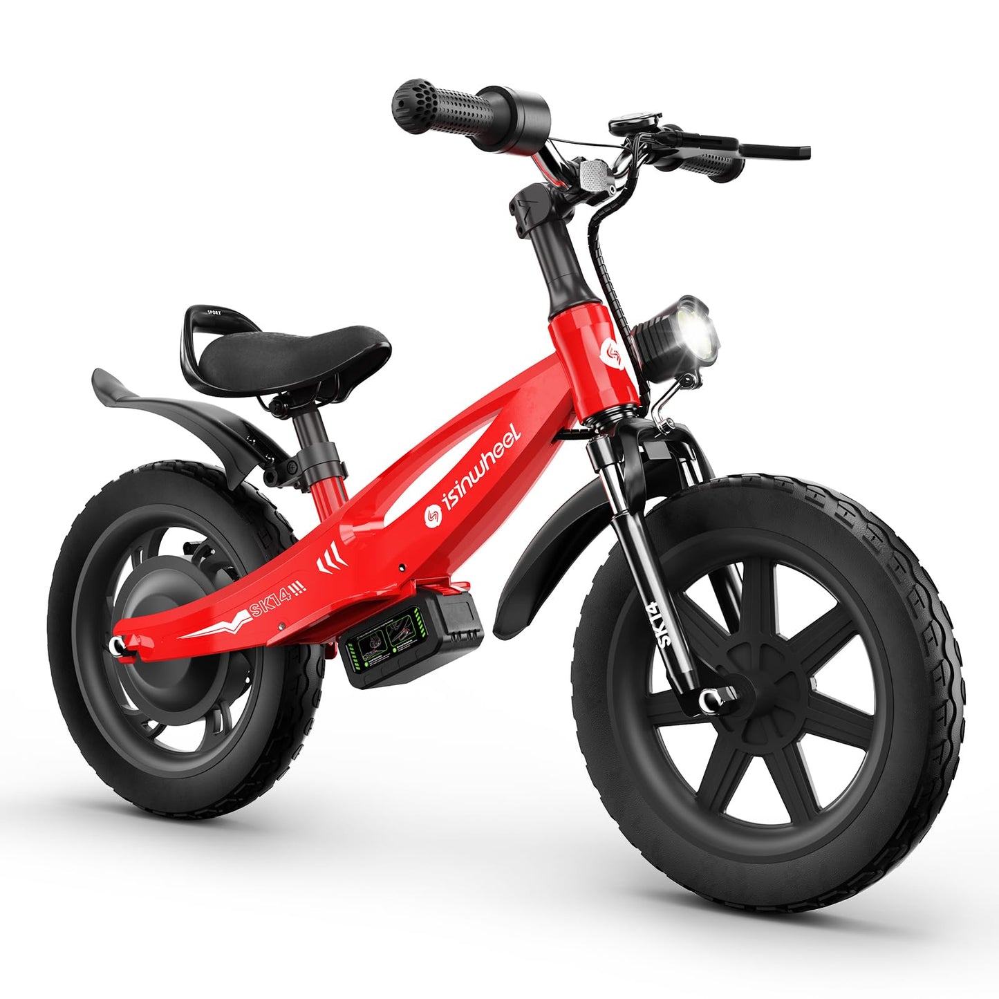 isinwheel SK14 Electric Bike for Kids Ages 3-6 Years Old, 250W Peak Power, Swappable Battery, 14-inch Inflatable Tire Electric Balance Bike, Adjustable Seat Electric Motorcycle for Boys & Girls, Red