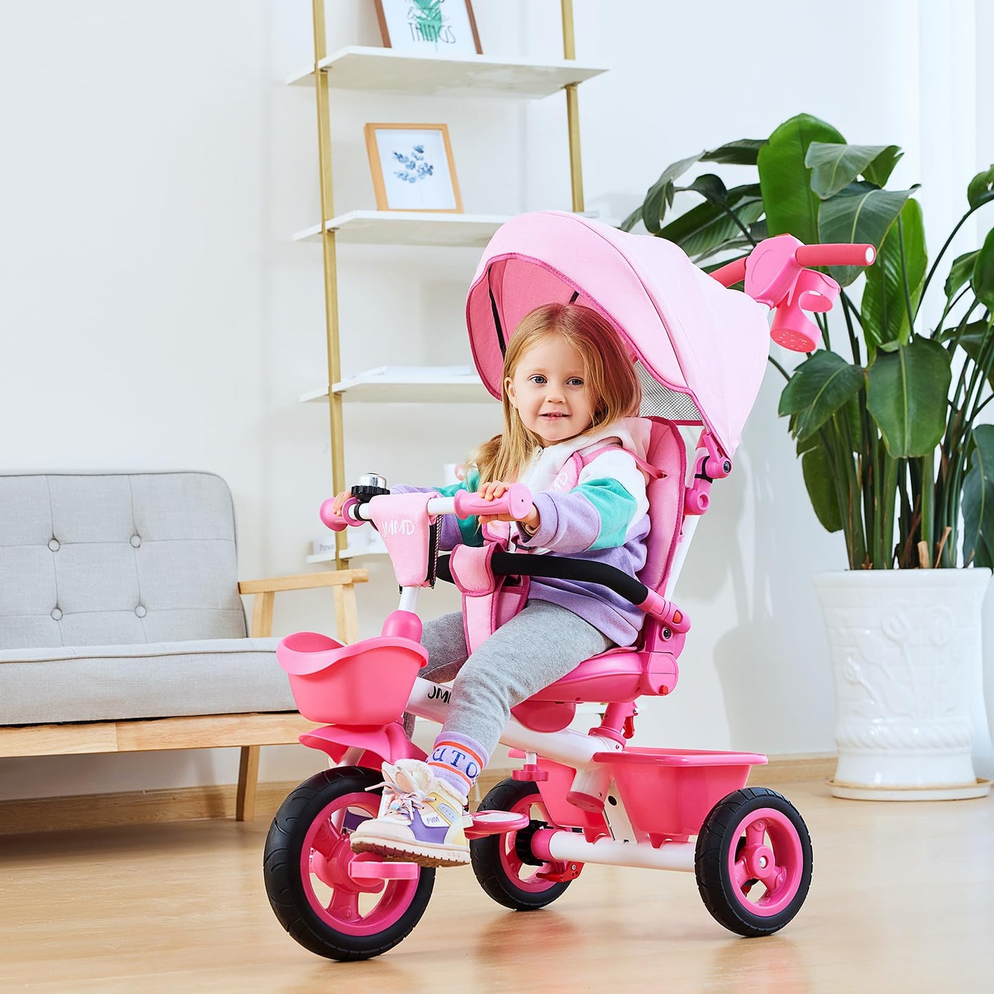 JMMD Baby Trike, 6-in-1 Kids Tricycle with Adjustable Push Handle, Removable Canopy, Safety Harness for 18 Months - 5 Year Old, Pink