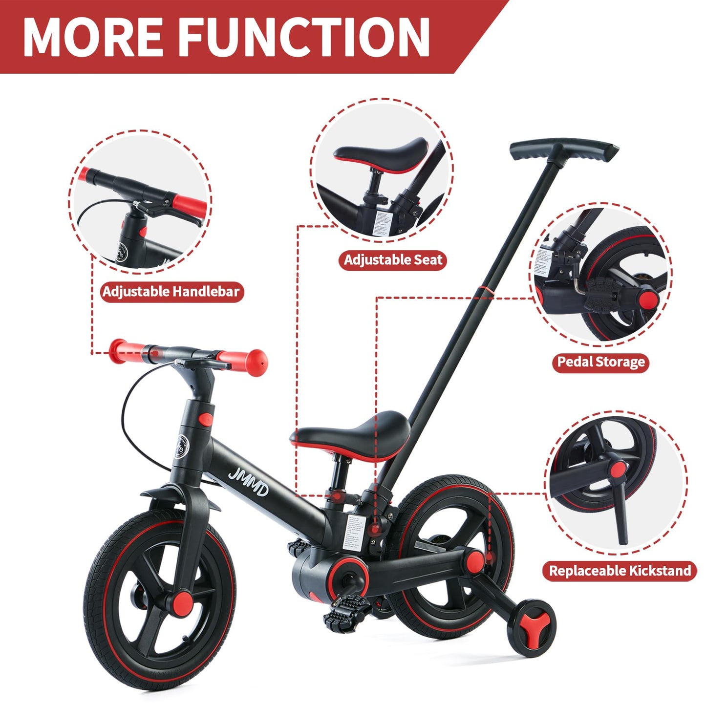 JMMD Toddler Bike with Push Handle for Kids 1-3 Years, 6 in 1 Push Bike with Training Wheels & Pedals, Balance Bike for Boys and Girls with Brakes & Kickstand, Black