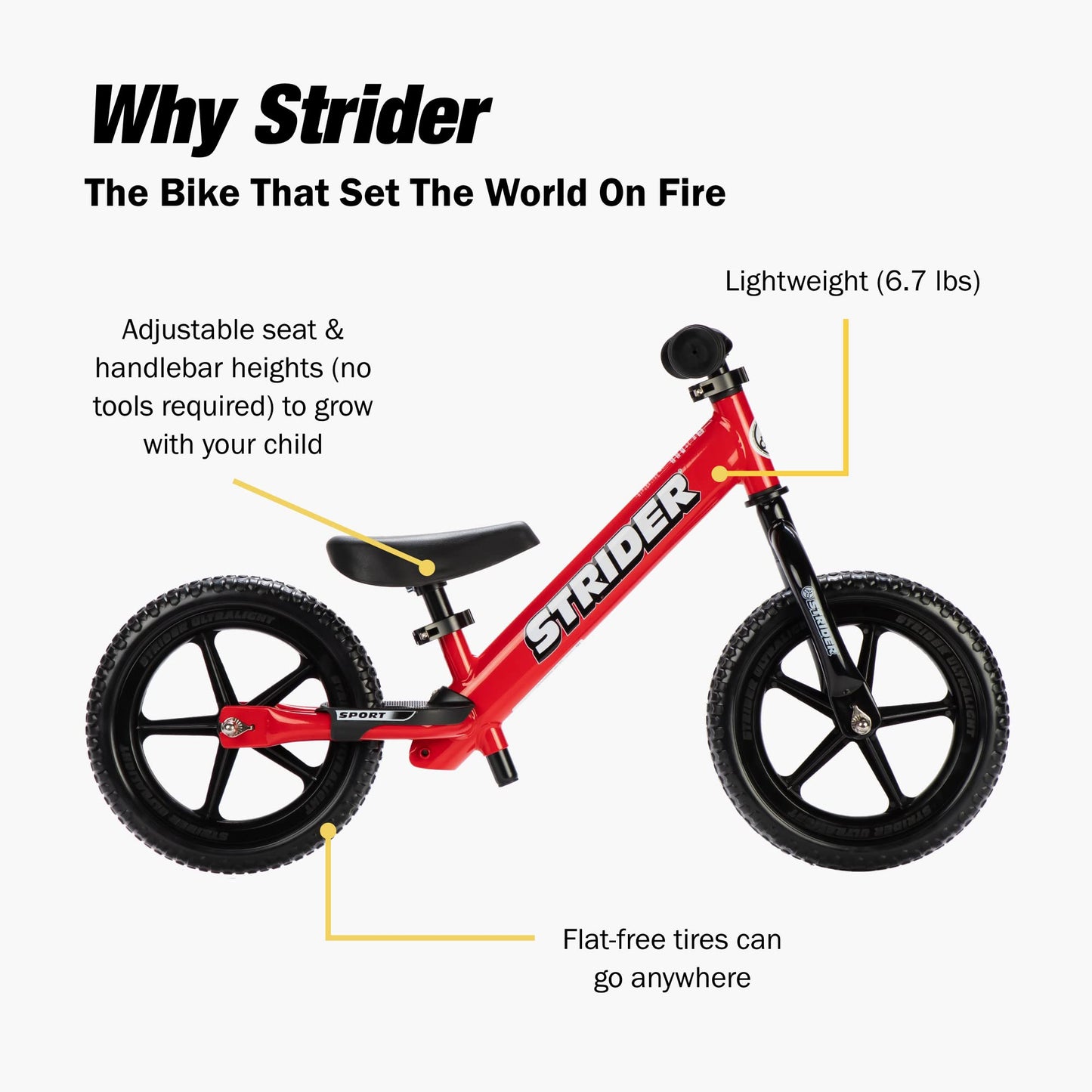 Strider 12” Sport Bike, Red - No Pedal Balance Bicycle for Kids 1 to 4 Years - Includes Safety Pad, Padded Seat, Mini Grips & Flat-Free Tires - Tool-Free Assembly & Adjustments