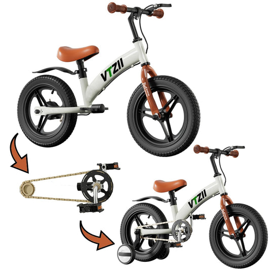 VTZII Balance Bike 2 in 1 with Pedals Brake Training Wheels Kickstand Pneumatic tyre,for Kids 2-7 Years Old,Kids Bike 12 14 16 inch (White, 14 inch)