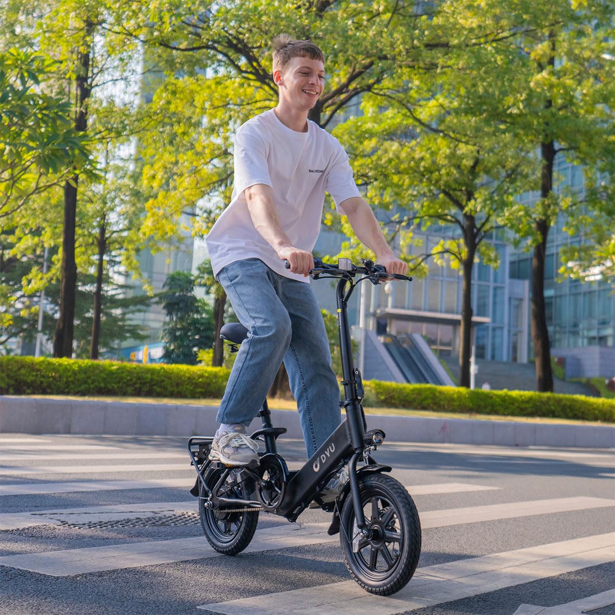 DYU Electric Bike for Adults Teens, Folding Electric Bicycle,Commuter City E-Bike with 350W Motor and 36V 7.5Ah Battery,3 Levels Assist, Dual Disc Brakes,14" Foldable ebike with Pedals