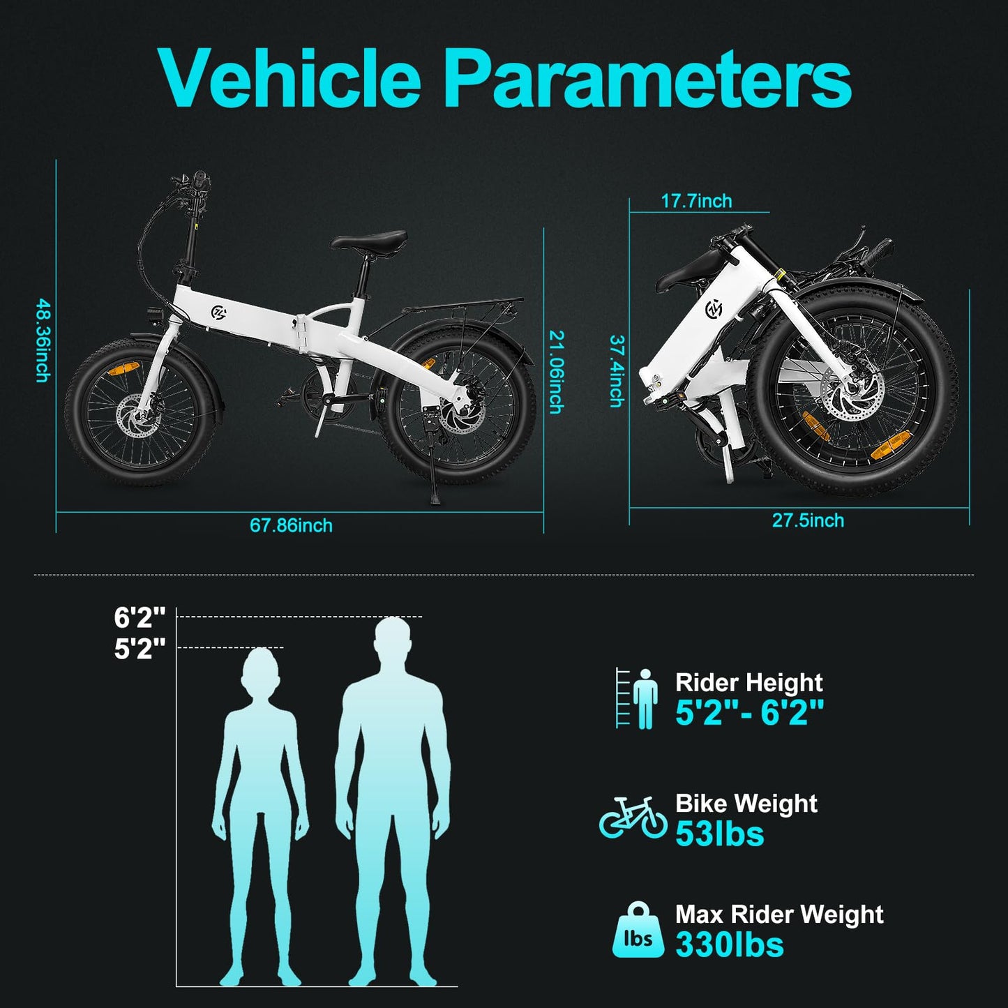 ZOONLAI Electric Bike for Adults 500W Motor Foldable Bikes Up to 24 MPH 43 Miles Long Range Ebike for Adult 48V 7.8Ah Removable Battery 20" Fat Tire 5 Speed Modes EBike ZL2006 UL 2849 (White)