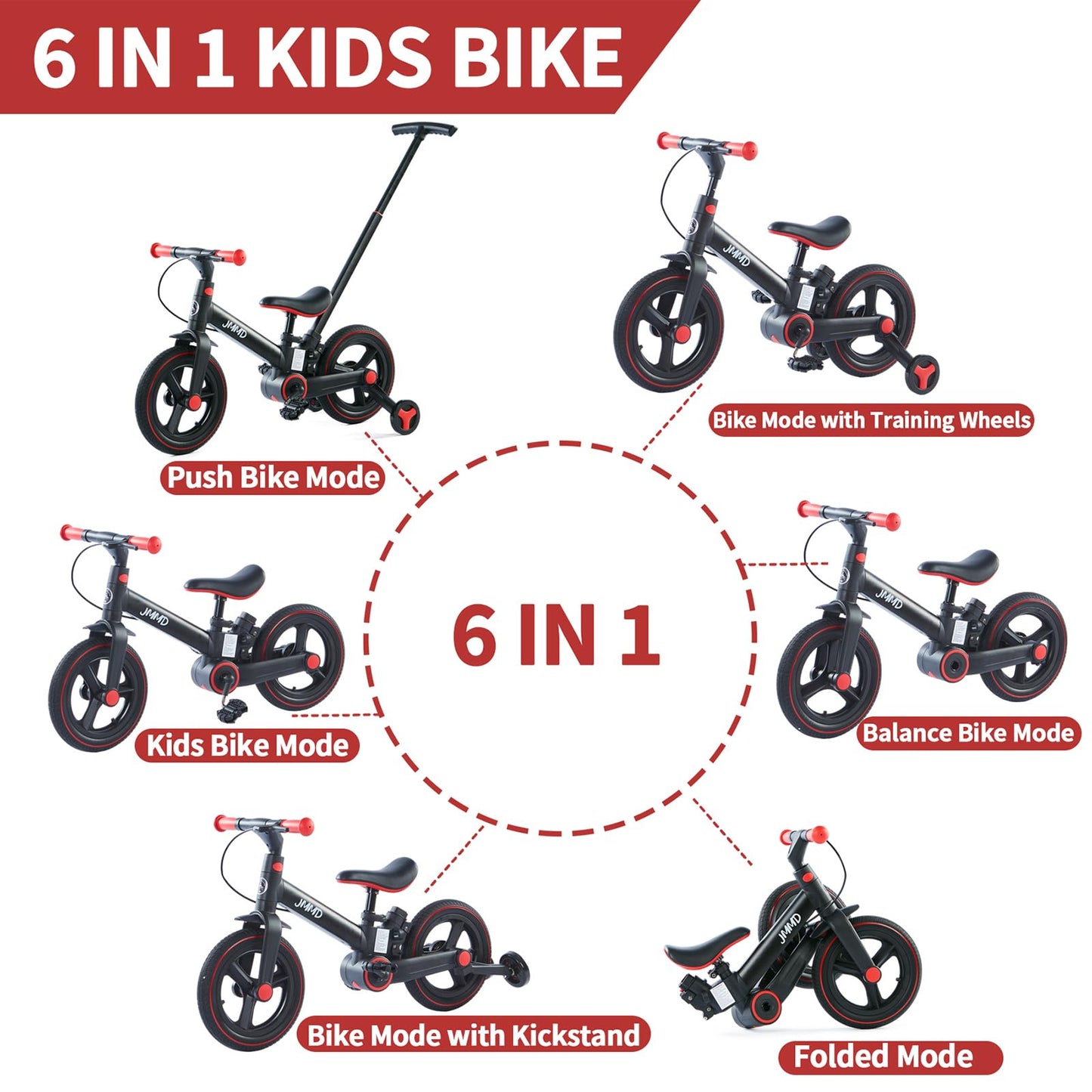 JMMD Toddler Bike with Push Handle for Kids 1-3 Years, 6 in 1 Push Bike with Training Wheels & Pedals, Balance Bike for Boys and Girls with Brakes & Kickstand, Black