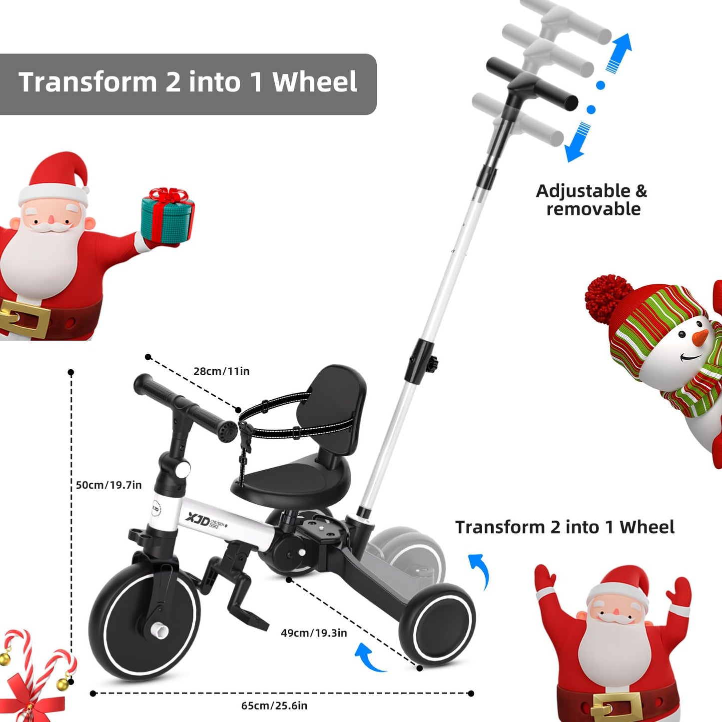 XJD Toddler Bike, 6 in 1 Folding Toddler Tricycle for 1-4 Year Old with Push Handle, Balance Bike with Removable Pedal,Backrest, Adjustable Seat Height and Handle, First Birthday Gifts (White)