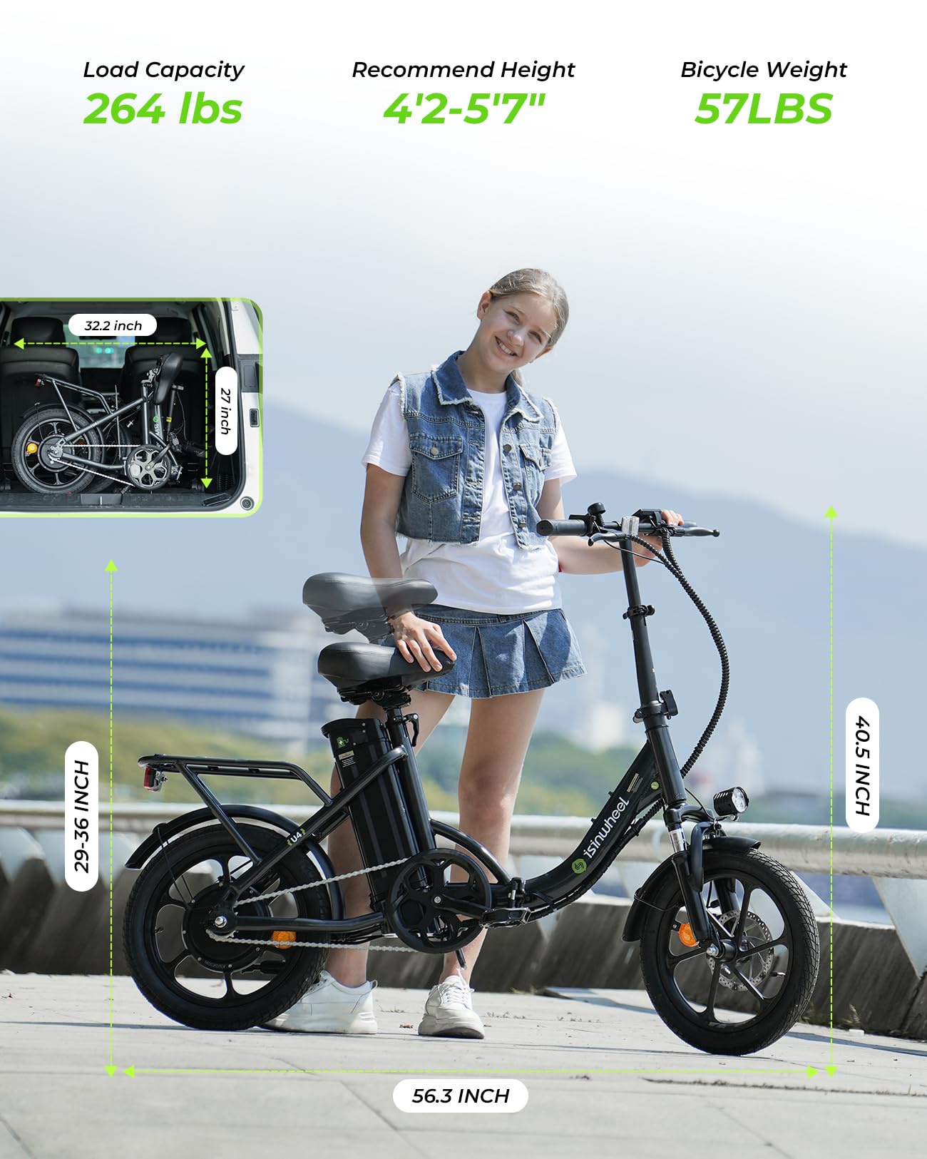 isinwheel U4 Electric Bike for Adults, 750W Peak Motor with Max 55Miles PAS Range & 19MPH EBike,16" Folding Electric Bicycles with 374.4Wh Battery, Step-Thru Commuter E Bikes for Adults and Teens