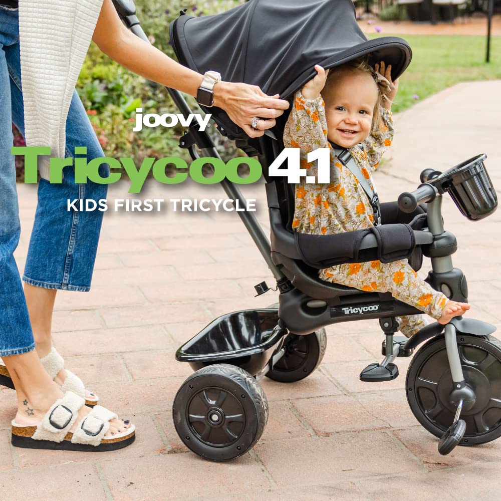 Joovy Tricycoo 4.1 Kids Tricycle with 4-Stages Featuring Extra-Wide Front Tire, Removable and Adjustable Parent Handle, Safety Harness, Machine-Washable Seat Pad, and Retractable Canopy (Black)