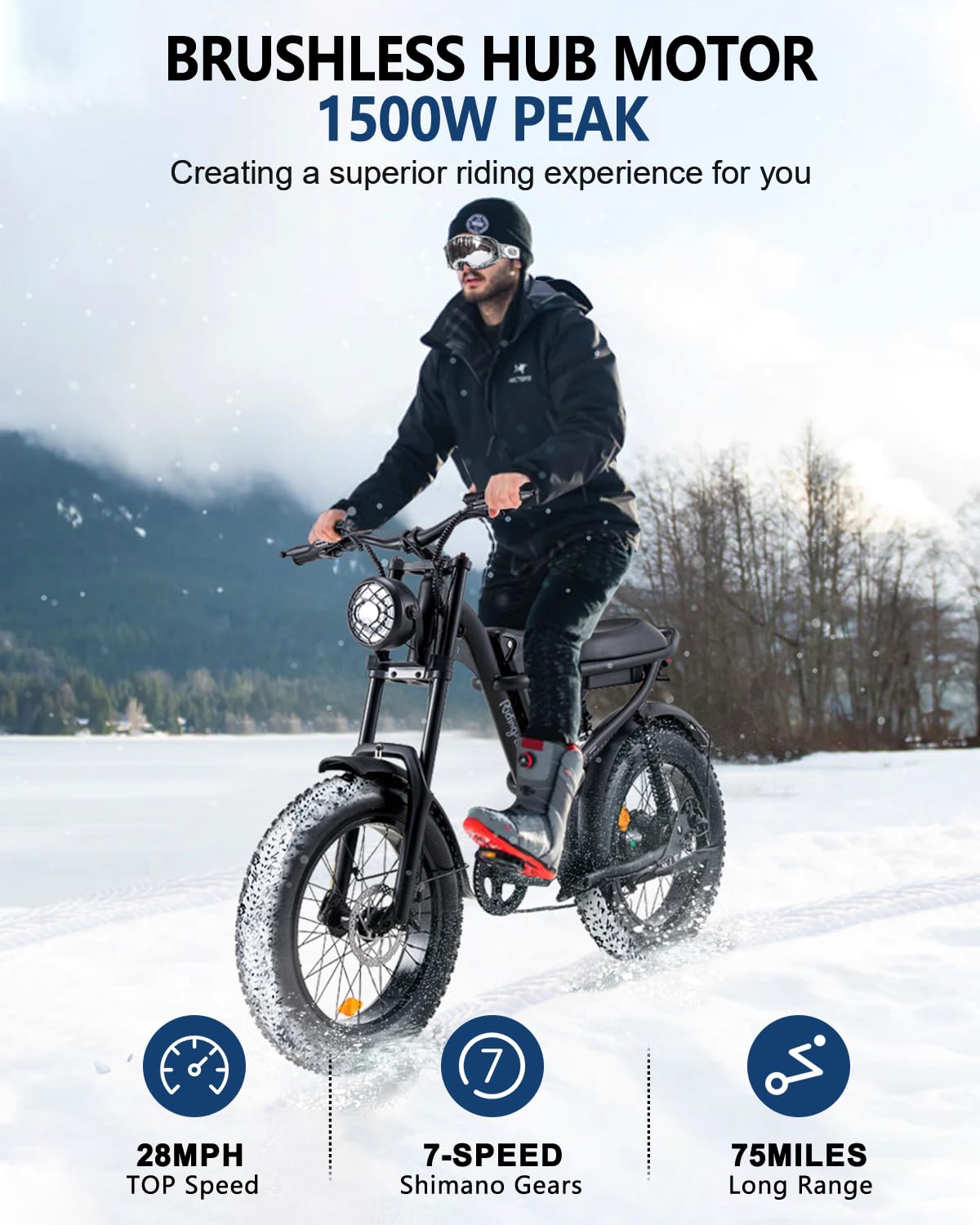 1500W Moped Style Ebike Full Suspension, 20 Inch Fat Tire Electric bike, Max 28MPH & 37-150 Miles Electric Motorcycle, 750WH/1500WH Battery, All-Terrain E Bike for Mountains, Snow, Sand, Road