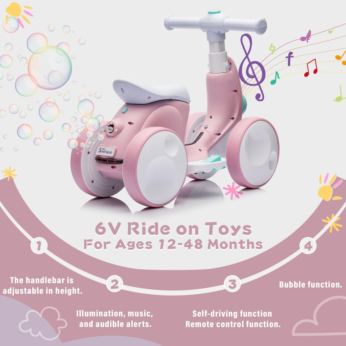 JoyRydz 6V Electric Baby Balance Bike with Bubble Machine,4 in 1 Toddler Balance Bike w/Remote Control for 1 Year Old Boys Girls Kids Bubble Bike Ride on Toys w/Powered Motor,Music,LED Lights (Pink)